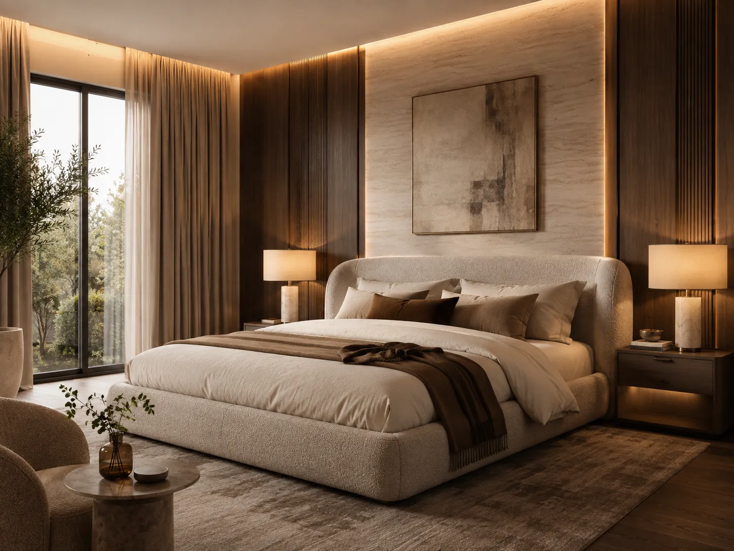 Kamar tidur modern dengan interior hangat dan premium