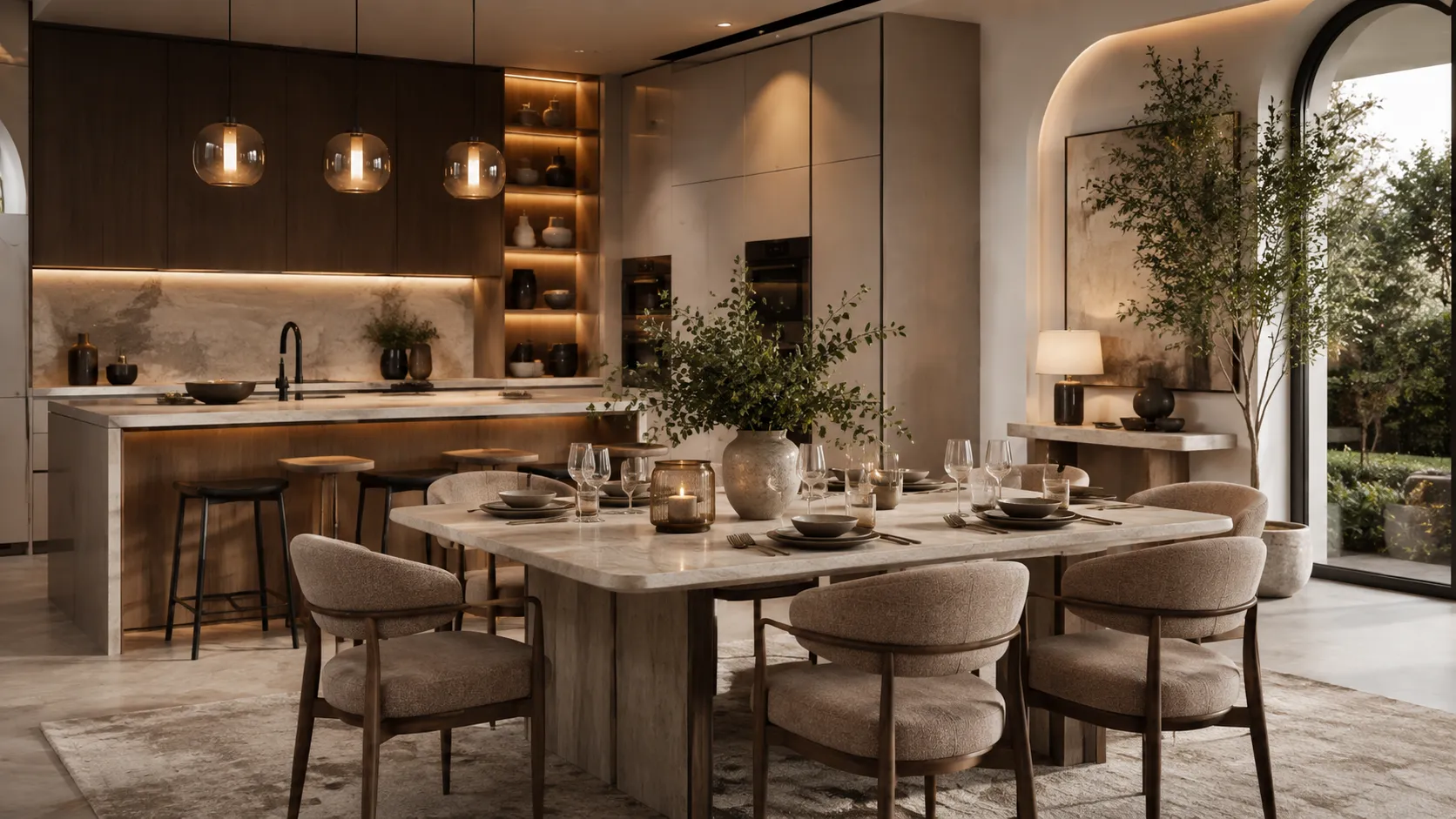 Dapur dan dining area modern dengan interior hangat