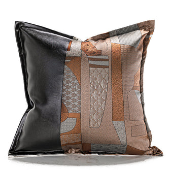 Black Leather Orange Abstract Pillow Cover ( Set of 2 )
