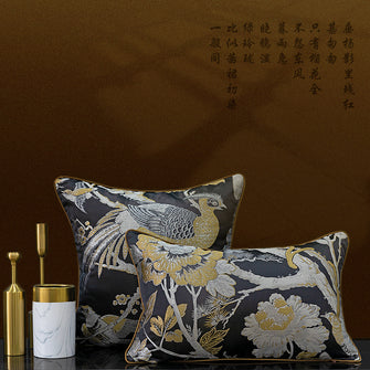 Golden Black Silver Flower Bird Pillow Cover (Set of 2)