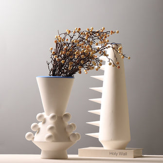 Off White Geometric Blue Rim Vase